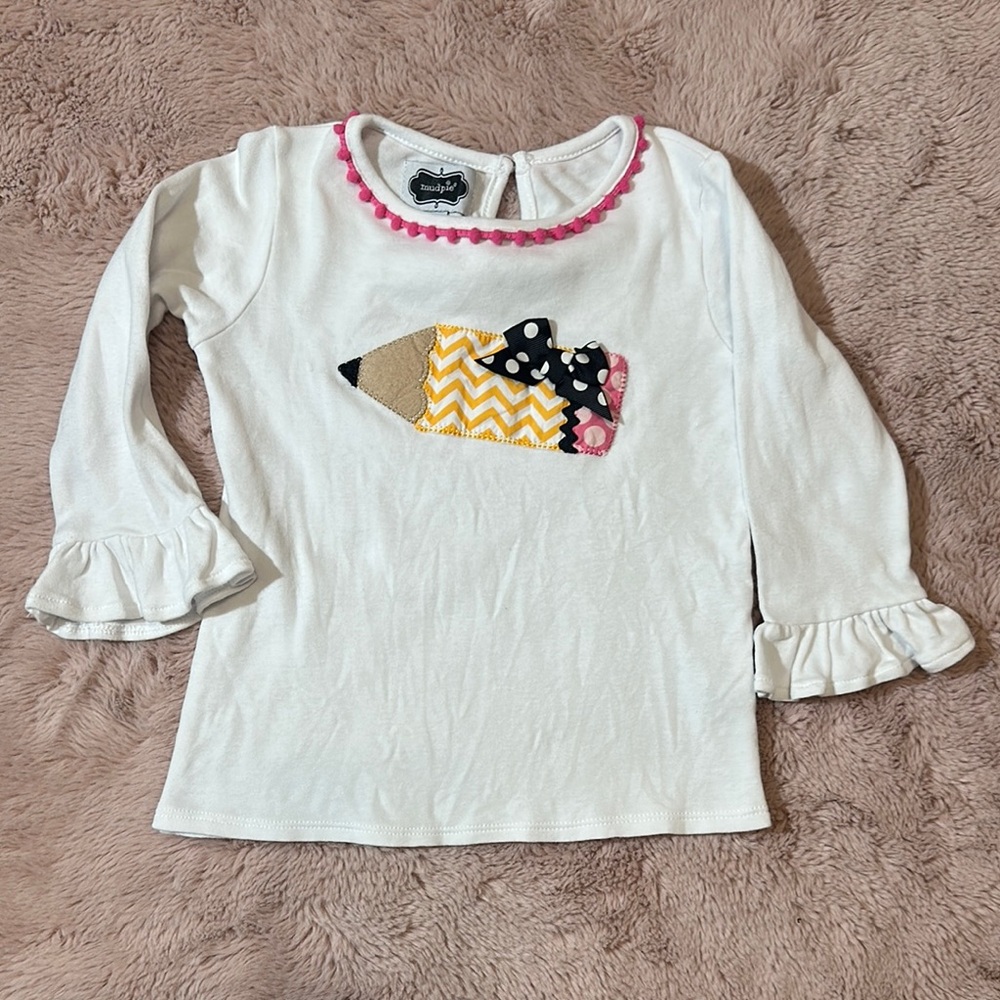 EUC Mud Pie back to school Bow Pencil Long Sleeve Tee Ruffled Sleeve 24/2t-3t - Picture 1 of 4